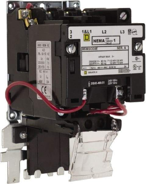 Square D - 600 Coil VAC, 27 Amp, NEMA Size 1, Open Enclosure NEMA Motor Starter - 1 Phase hp: 7 1/2 at 200 Volt, 7 1/2 at 230 Volt, 3 Phase hp: 10 at 460 Volt, 10 at 575 Volt - Benchmark Tooling