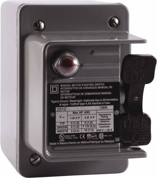 Square D - 3 Poles, 30 Amp, NEMA, Enclosed Toggle Manual Motor Starter - 1 hp at 90 VDC, 10 hp at 460 VAC, 10 hp at 575 VAC, 1-1/2 hp at 230 VDC, 2 hp at 115 VAC, 2 hp at 115 VDC & 7-1/2 hp at 230 VAC, CE, CSA, NEMA 4 & UL Listed - Benchmark Tooling