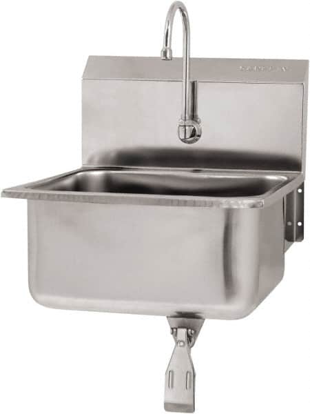 SANI-LAV - 19" Long x 16" Wide Inside, 1 Compartment, Grade 304 Stainless Steel Hand Sink Wall Mount with Single Knee Valve - 18 Gauge, 21" Long x 20" Wide x 24" High Outside, 10" Deep - Benchmark Tooling
