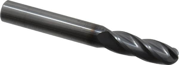 OSG - 3/8" Diam, 1-1/8" LOC, 4 Flute Solid Carbide Ball End Mill - TiCN Finish, Single End, 3" OAL, 3/8" Shank Diam, Spiral Flute - Benchmark Tooling