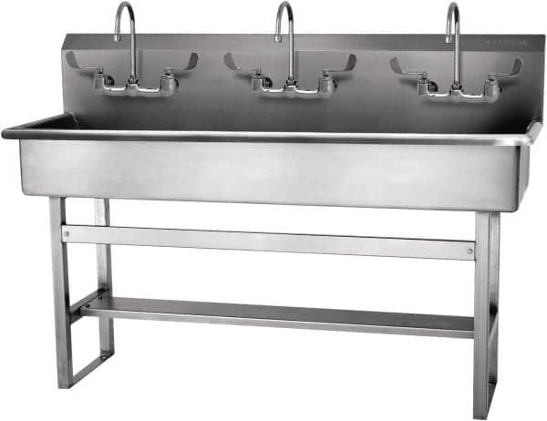 SANI-LAV - 57" Long x 16-1/2" Wide Inside, 1 Compartment, Grade 304 Stainless Steel Hand Sink-Pedestal Mount - 16 Gauge, 60" Long x 20" Wide x 45" High Outside, 8" Deep - Benchmark Tooling