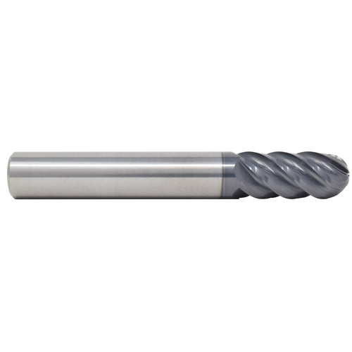 10 mm Dia. × 10 mm Shank × 22 mm DOC × 72 mm OAL, Carbide AlTiN, Spiral , 5 Flute, 45° Helix, Ballnose End Mill - Exact Industrial Supply