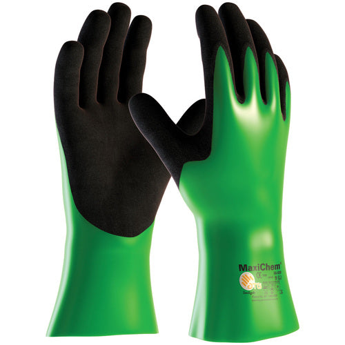 56-630/M Coated Supported Gloves - MaxiChem - Nylon/Lycra Liner - Green/ Black Nitrile Blnd - Full Coat - 12 In. - Exact Industrial Supply