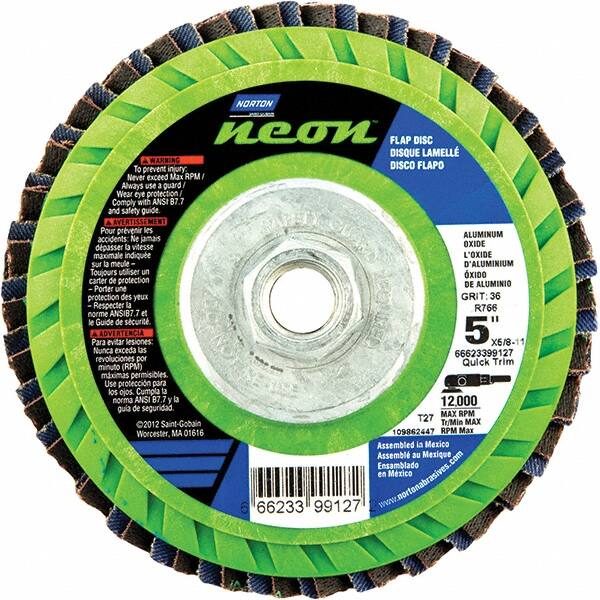 Norton - 60 Grit, 5" Disc Diam, 5/8-11 Center Hole, Type 27 Ceramic Alumina Flap Disc - 12,000 Max RPM, Polyester Backing, Arbor Attaching System, Coated - Benchmark Tooling