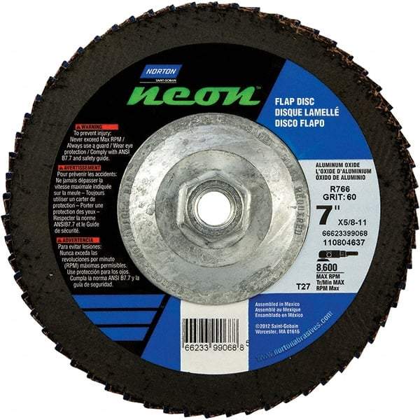 Norton - 80 Grit, 7" Disc Diam, 5/8-11 Center Hole, Type 27 Ceramic Alumina Flap Disc - 8,600 Max RPM, Polyester Backing, Arbor Attaching System, Coated - Benchmark Tooling