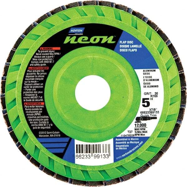 Norton - 80 Grit, 5" Disc Diam, 7/8" Center Hole, Type 27 Ceramic Alumina Flap Disc - 12,000 Max RPM, Polyester Backing, Arbor Attaching System, Coated - Benchmark Tooling
