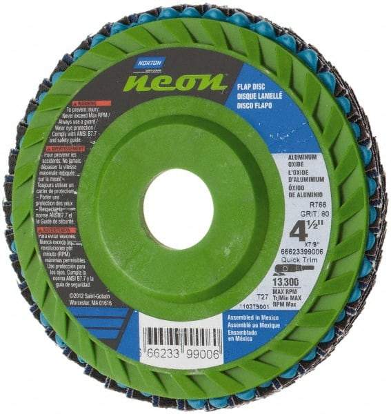 Norton - 80 Grit, 4-1/2" Disc Diam, 7/8" Center Hole, Type 27 Ceramic Alumina Flap Disc - 13,300 Max RPM, Polyester Backing, Arbor Attaching System, Coated - Benchmark Tooling