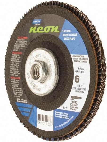 Norton - 60 Grit, 6" Disc Diam, 5/8-11 Center Hole, Type 27 Ceramic Alumina Flap Disc - 10,200 Max RPM, Polyester Backing, Arbor Attaching System, Coated - Benchmark Tooling