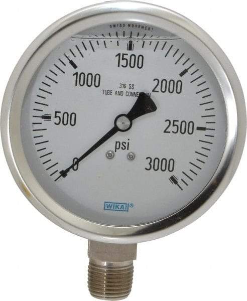Wika - 4" Dial, 1/2 Thread, 0-3,000 Scale Range, Pressure Gauge - Lower Connection Mount, Accurate to 1% of Scale - Benchmark Tooling