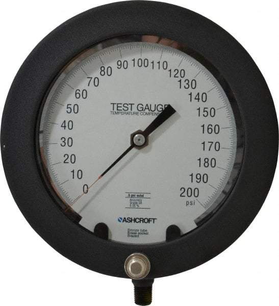 Ashcroft - 6" Dial, 1/4 Thread, 0-200 Scale Range, Pressure Gauge - Lower Connection Mount, Accurate to 0.25% of Scale - Benchmark Tooling
