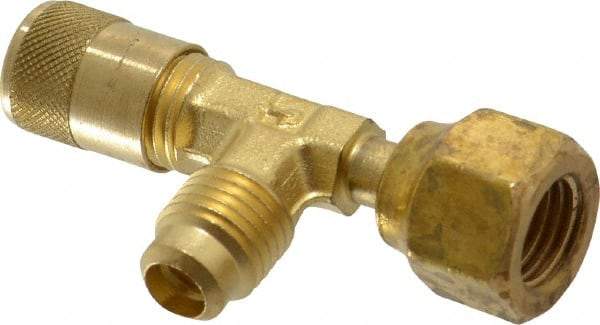 Parker - 500 Max psi, 1/4 Tube OD, Forged Flared Female Run Swivel Tee with Depressor Access Valve - Brass - Benchmark Tooling
