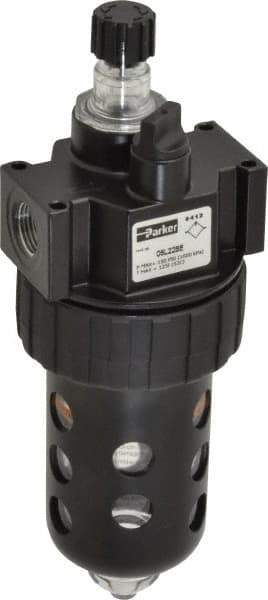 Parker - 3/8" NPT, 150 Max psi Intermediate Mist Lubricator - Polycarbonate Bowl with Sight Glass, Zinc Body, 60 CFM, 125°F Max Temp, 2.81" Wide x 7.82" High - Benchmark Tooling