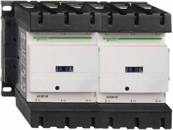 Schneider Electric - 3 Pole, 110 Coil VAC at 50/60 Hz, 115 Amp at 440 VAC, Reversible IEC Contactor - 3 Phase hp: 100 at 575/600 VAC, 30 at 200/208 VAC, 40 at 230/240 VAC, 75 at 460/480 VAC - Benchmark Tooling