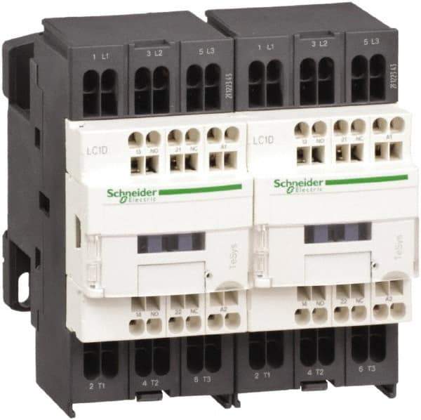 Schneider Electric - 3 Pole, 24 Coil VDC, 12 Amp at 440 VAC, Reversible IEC Contactor - 1 Phase hp: 1 at 115 VAC, 2 at 230/240 VAC, 3 Phase hp: 10 at 575/600 VAC, 3 at 200/208 VAC, 3 at 230/240 VAC, 7.5 at 460/480 VAC - Benchmark Tooling