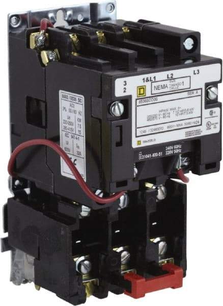 Square D - 277 Coil VAC at 60 Hz, 27 Amp, NEMA Size 1, Nonreversible Open Enclosure NEMA Motor Starter - 3 Phase hp: 10 at 460 VAC, 10 at 575 VAC, 7-1/2 at 200 VAC, 7-1/2 at 230 VAC - Benchmark Tooling