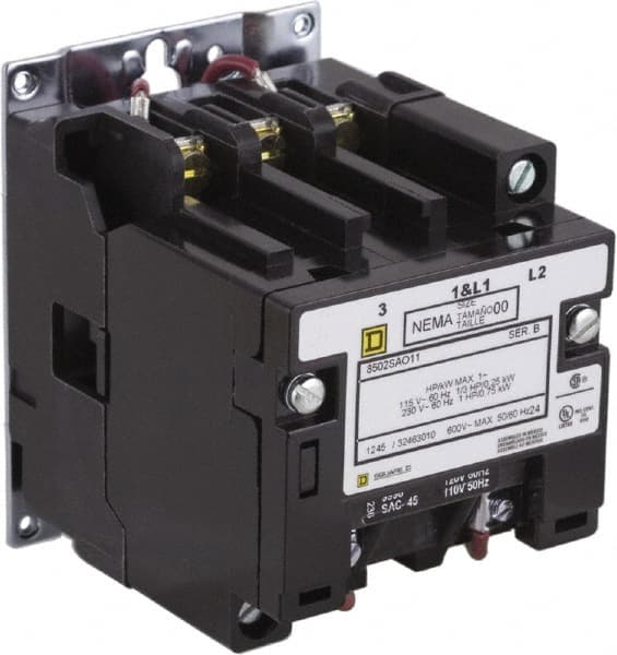 Square D - 2 Pole, 220 Coil VAC at 50 Hz, 240 Coil VAC at 60 Hz, 9 Amp NEMA Contactor - Open Enclosure, 50 Hz at 220 VAC and 60 Hz at 240 VAC - Benchmark Tooling