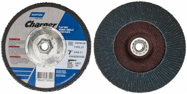 Norton - 60 Grit, 7" Disc Diam, 5/8-11 Center Hole, Type 27 Zirconia Alumina Flap Disc - 8,600 Max RPM, Fiberglass Backing, Coated - Benchmark Tooling