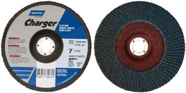 Norton - 40 Grit, 7" Disc Diam, 7/8" Center Hole, Type 27 Zirconia Alumina Flap Disc - 8,600 Max RPM, Fiberglass Backing, Coated - Benchmark Tooling