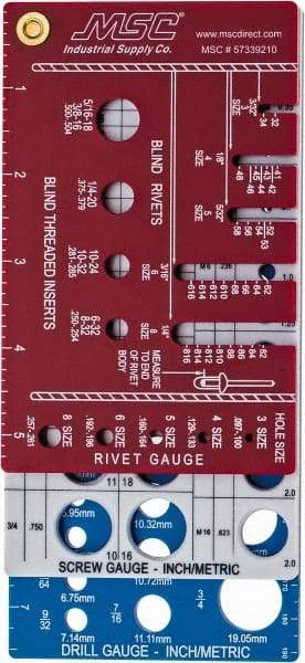 BoltSize-It - 0.06 to 3/4 Inch, Plastic, Inch and Metric Thread Screw Checker - 3 Leaves, 16 Thread per Inch, Rivet Gauge; Screw Gauge; Drill Gauge - Benchmark Tooling