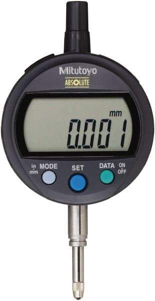 Mitutoyo - 0 to 12.7mm Range, 0.001mm Graduation, Electronic Drop Indicator - Flat Back, Accurate to 0.003mm, Metric System, LCD Display - Benchmark Tooling