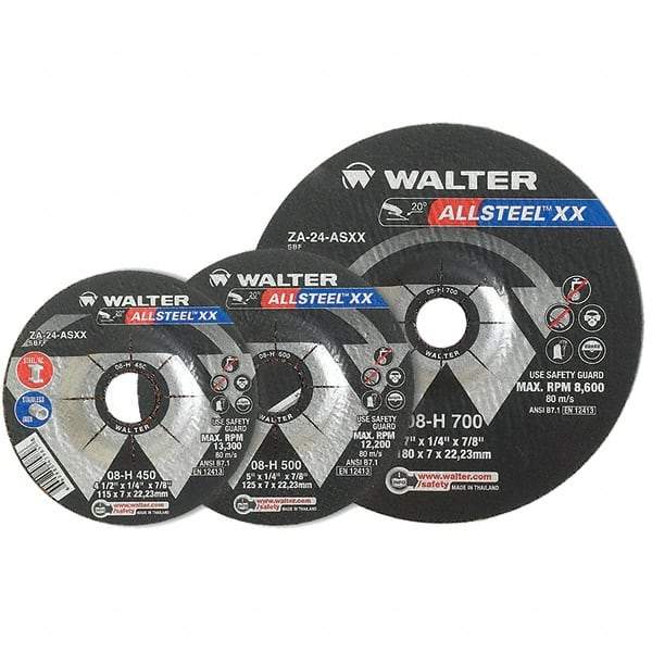 WALTER Surface Technologies - 24 Grit, 9" Wheel Diam, 1/4" Wheel Thickness, 7/8" Arbor Hole, Type 27 Depressed Center Wheel - Aluminum Oxide, Resinoid Bond, 6,600 Max RPM - Benchmark Tooling