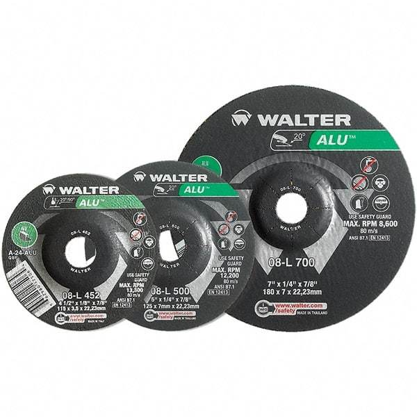 WALTER Surface Technologies - 24 Grit, 9" Wheel Diam, 1/4" Wheel Thickness, Type 27 Depressed Center Wheel - Aluminum Oxide, Resinoid Bond, 6,600 Max RPM - Benchmark Tooling