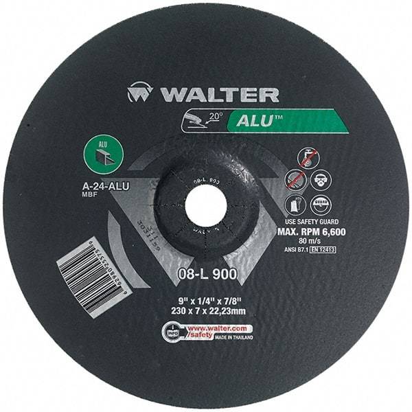 WALTER Surface Technologies - 24 Grit, 9" Wheel Diam, 1/4" Wheel Thickness, 7/8" Arbor Hole, Type 27 Depressed Center Wheel - Aluminum Oxide, Resinoid Bond, 6,600 Max RPM - Benchmark Tooling