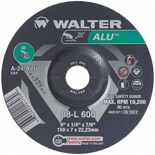 WALTER Surface Technologies - 24 Grit, 6" Wheel Diam, 1/4" Wheel Thickness, 7/8" Arbor Hole, Type 27 Depressed Center Wheel - Aluminum Oxide, Resinoid Bond, 10,200 Max RPM - Benchmark Tooling