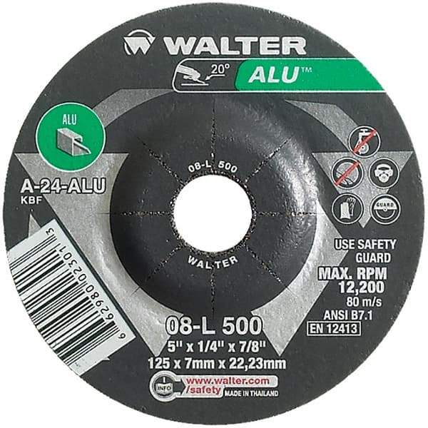 WALTER Surface Technologies - 24 Grit, 5" Wheel Diam, 1/4" Wheel Thickness, 7/8" Arbor Hole, Type 27 Depressed Center Wheel - Aluminum Oxide, Resinoid Bond, 12,200 Max RPM - Benchmark Tooling