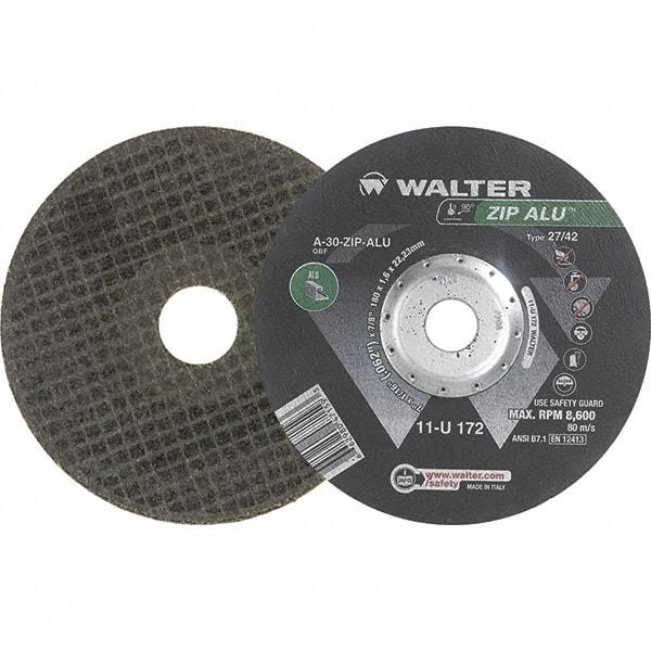 WALTER Surface Technologies - 30 Grit, 7" Wheel Diam, 1/16" Wheel Thickness, 7/8" Arbor Hole, Type 27 Depressed Center Wheel - Aluminum Oxide, Resinoid Bond, 8,600 Max RPM - Benchmark Tooling