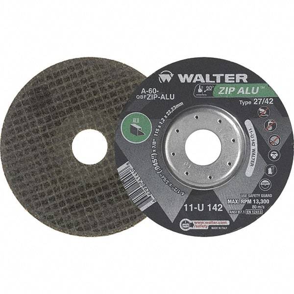 WALTER Surface Technologies - 60 Grit, 5" Wheel Diam, 3/64" Wheel Thickness, 7/8" Arbor Hole, Type 27 Depressed Center Wheel - Aluminum Oxide, Resinoid Bond, 12,200 Max RPM - Benchmark Tooling