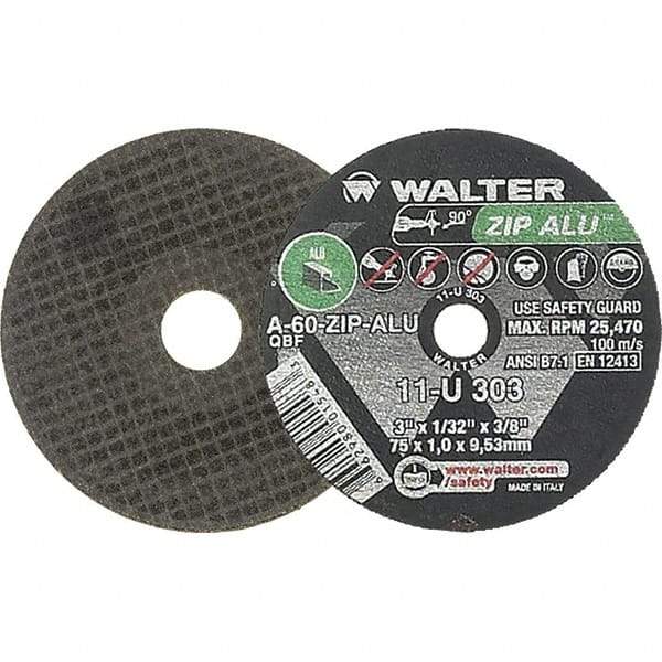 WALTER Surface Technologies - 3" 60 Grit Aluminum Oxide Cutoff Wheel - 1/32" Thick, 3/8" Arbor, 25,470 Max RPM, Use with Die Grinders - Benchmark Tooling