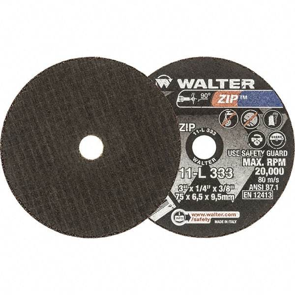 WALTER Surface Technologies - 3" 24 Grit Aluminum Oxide Cutoff Wheel - 1/4" Thick, 3/8" Arbor, 25,470 Max RPM, Use with Die Grinders - Benchmark Tooling
