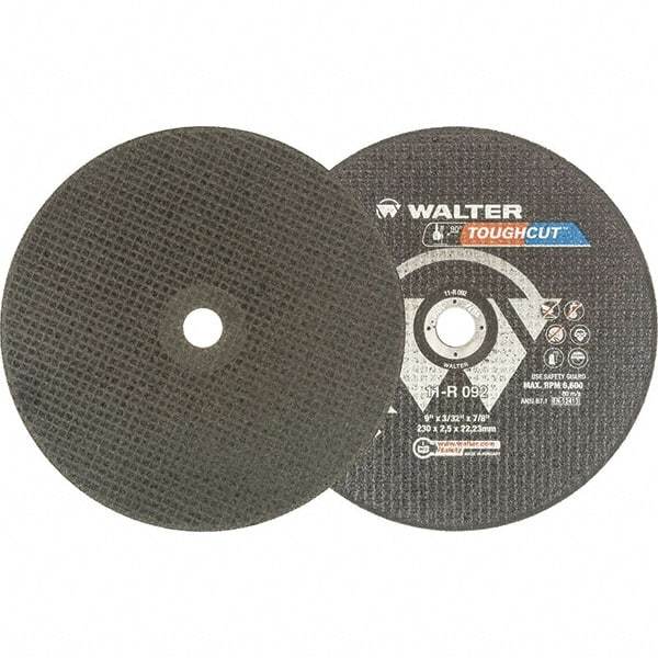 WALTER Surface Technologies - 9" 30 Grit Aluminum Oxide Cutoff Wheel - 3/32" Thick, 7/8" Arbor, 6,600 Max RPM, Use with Angle Grinders - Benchmark Tooling