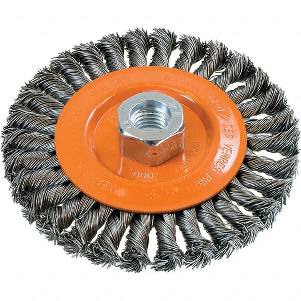 WALTER Surface Technologies - 5" OD, 5/8-11 Arbor Hole, Knotted Steel Wheel Brush - 3/8" Face Width, 0.02" Filament Diam, 15,000 RPM - Benchmark Tooling