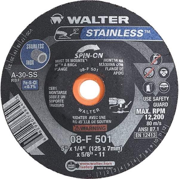 WALTER Surface Technologies - 30 Grit, 5" Wheel Diam, 1/4" Wheel Thickness, Type 28 Depressed Center Wheel - Aluminum Oxide, Resinoid Bond, 12,200 Max RPM - Benchmark Tooling