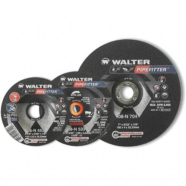 WALTER Surface Technologies - 20 Grit, 7" Wheel Diam, 5/32" Wheel Thickness, Type 27 Depressed Center Wheel - Aluminum Oxide/Silicon Carbide Blend, Resinoid Bond, 8,600 Max RPM - Benchmark Tooling