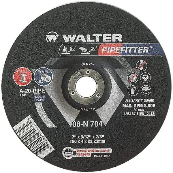 WALTER Surface Technologies - 20 Grit, 7" Wheel Diam, 5/32" Wheel Thickness, 7/8" Arbor Hole, Type 27 Depressed Center Wheel - Aluminum Oxide/Silicon Carbide Blend, Resinoid Bond, 8,600 Max RPM - Benchmark Tooling