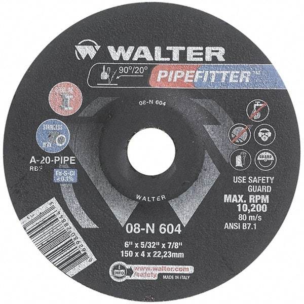 WALTER Surface Technologies - 20 Grit, 6" Wheel Diam, 5/32" Wheel Thickness, 7/8" Arbor Hole, Type 27 Depressed Center Wheel - Aluminum Oxide/Silicon Carbide Blend, Resinoid Bond, 10,200 Max RPM - Benchmark Tooling