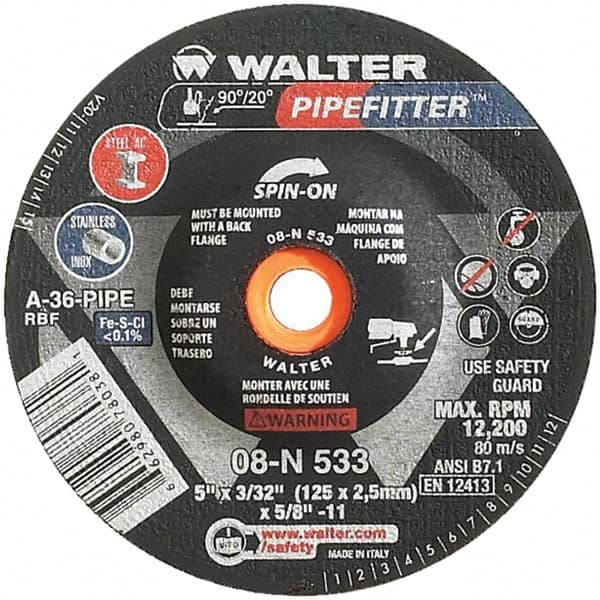 WALTER Surface Technologies - 36 Grit, 5" Wheel Diam, 3/32" Wheel Thickness, Type 27 Depressed Center Wheel - Aluminum Oxide/Silicon Carbide Blend, Resinoid Bond, 12,200 Max RPM - Benchmark Tooling