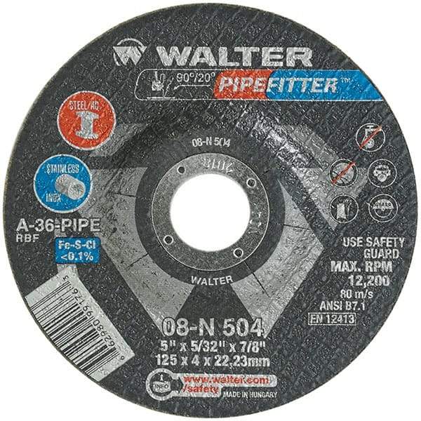 WALTER Surface Technologies - 36 Grit, 5" Wheel Diam, 5/32" Wheel Thickness, 7/8" Arbor Hole, Type 27 Depressed Center Wheel - Aluminum Oxide/Silicon Carbide Blend, Resinoid Bond, 12,200 Max RPM - Benchmark Tooling