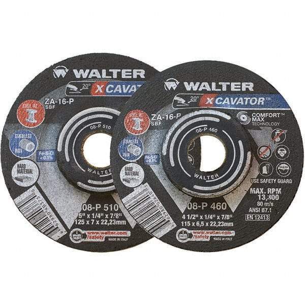 WALTER Surface Technologies - 16 Grit, 9" Wheel Diam, 1/4" Wheel Thickness, 7/8" Arbor Hole, Type 27 Depressed Center Wheel - Aluminum Oxide, Resinoid Bond, 6,600 Max RPM - Benchmark Tooling