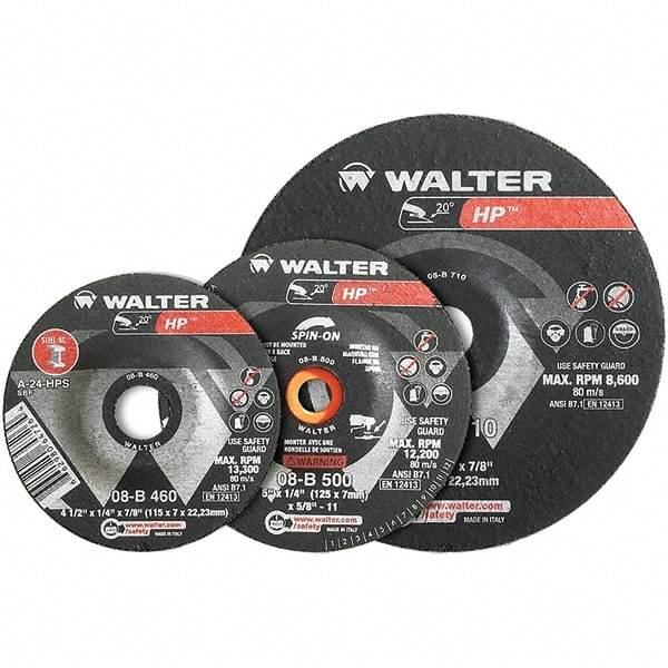 WALTER Surface Technologies - 24 Grit, 9" Wheel Diam, 1/4" Wheel Thickness, Type 28 Depressed Center Wheel - Aluminum Oxide, Resinoid Bond, 6,600 Max RPM - Benchmark Tooling