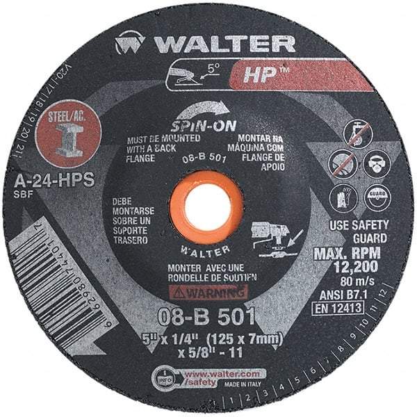 WALTER Surface Technologies - 24 Grit, 5" Wheel Diam, 1/4" Wheel Thickness, Type 28 Depressed Center Wheel - Aluminum Oxide, Resinoid Bond, 12,200 Max RPM - Benchmark Tooling
