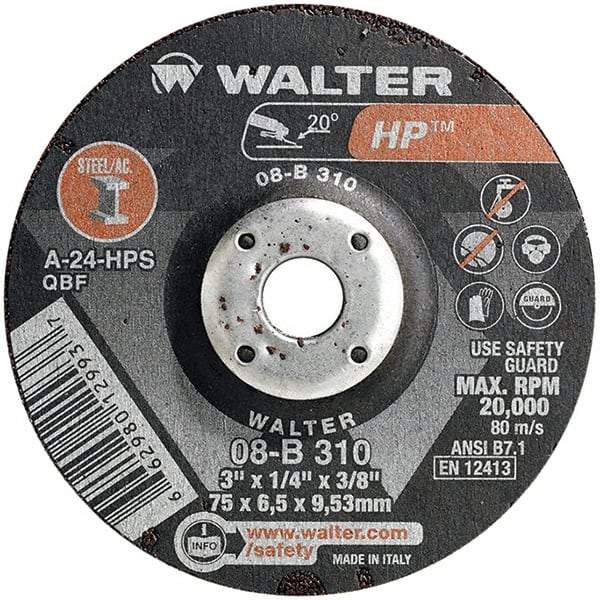 WALTER Surface Technologies - 24 Grit, 3" Wheel Diam, 1/4" Wheel Thickness, 3/8" Arbor Hole, Type 27 Depressed Center Wheel - Aluminum Oxide, Resinoid Bond, 20,000 Max RPM - Benchmark Tooling
