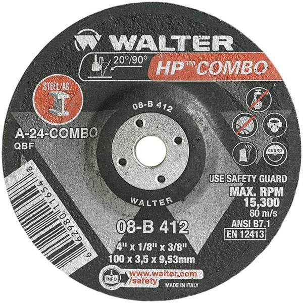 WALTER Surface Technologies - 24 Grit, 4" Wheel Diam, 1/8" Wheel Thickness, 3/8" Arbor Hole, Type 27 Depressed Center Wheel - Aluminum Oxide, Resinoid Bond, 15,000 Max RPM - Benchmark Tooling