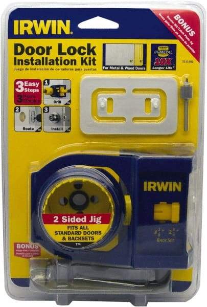 Irwin Blades - 7 Piece, 2-3/8" to 2-3/4" Saw Diam, Door-Lock Installation Hole Saw Kit - Bi-Metal, Includes 2 Hole Saws - Benchmark Tooling
