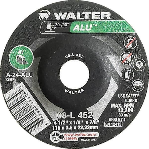 WALTER Surface Technologies - 24 Grit, 4-1/2" Wheel Diam, 1/8" Wheel Thickness, 7/8" Arbor Hole, Type 27 Depressed Center Wheel - Aluminum Oxide, Resinoid Bond, 13,300 Max RPM - Benchmark Tooling