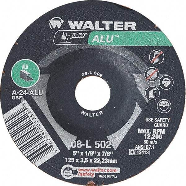 WALTER Surface Technologies - 24 Grit, 5" Wheel Diam, 1/8" Wheel Thickness, 7/8" Arbor Hole, Type 27 Depressed Center Wheel - Aluminum Oxide, Resinoid Bond, 12,200 Max RPM - Benchmark Tooling