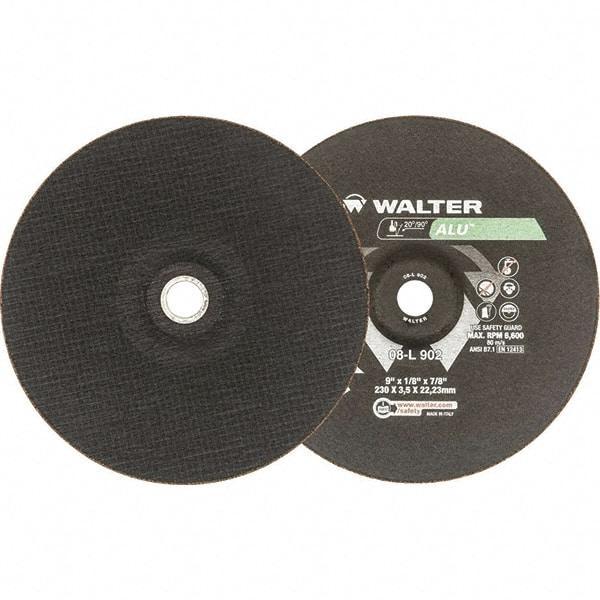 WALTER Surface Technologies - 24 Grit, 9" Wheel Diam, 1/8" Wheel Thickness, 7/8" Arbor Hole, Type 27 Depressed Center Wheel - Aluminum Oxide, Resinoid Bond, 6,600 Max RPM - Benchmark Tooling